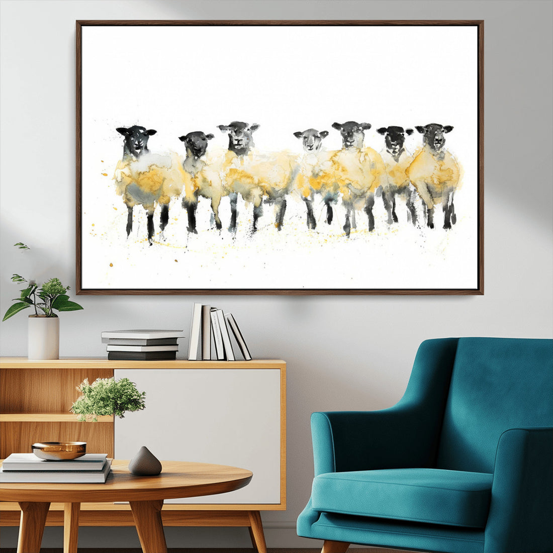 Farmhouse Wall Art Sheep Print, Ready to Hang Framed Canvas