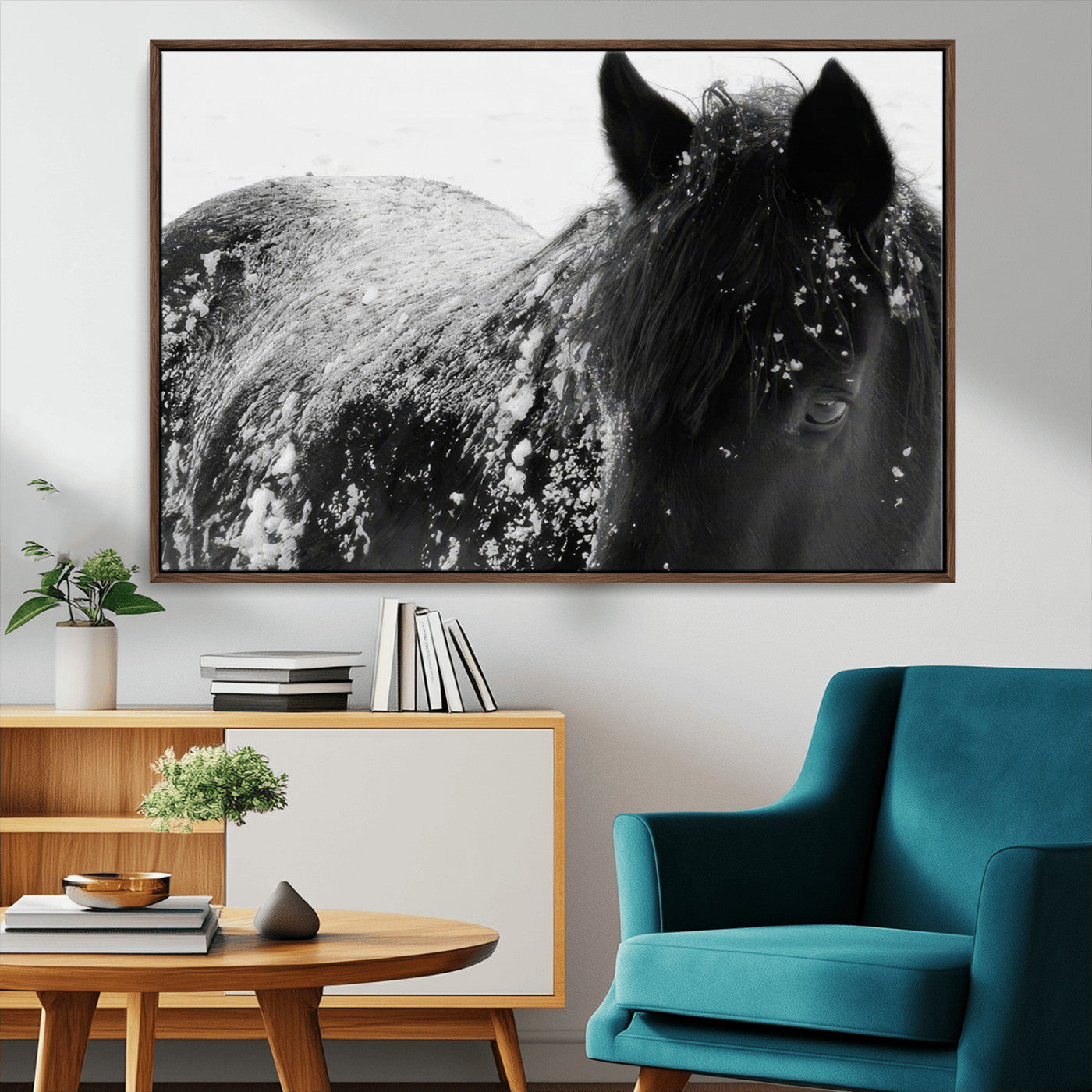 MGV-FC-36X24 - Black Horse in Snow Canvas Print | Winter Horse Wall Art | Ready to Hang and Framed | Farmhouse Wall