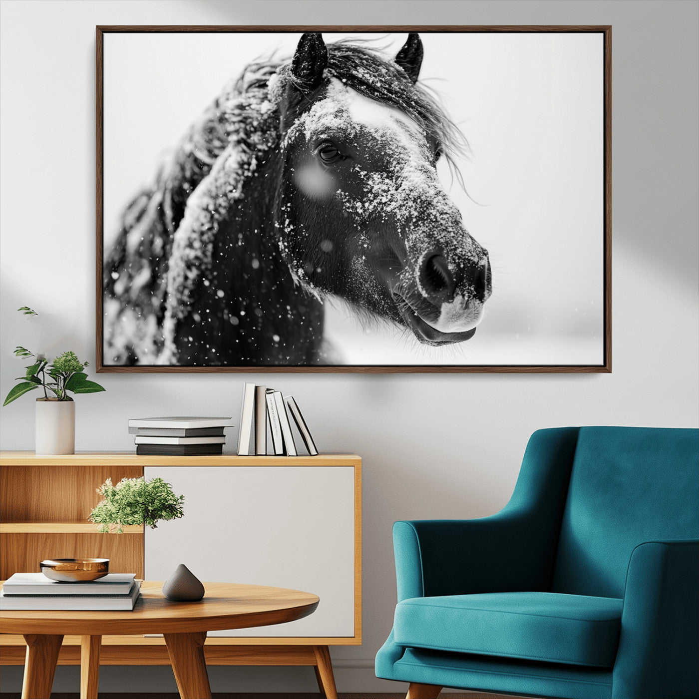 MGV-FC-36X24 - Winter Horse Canvas Print | Large 3-Panel Black White Equine Photography for Rustic Farmhouse Wall