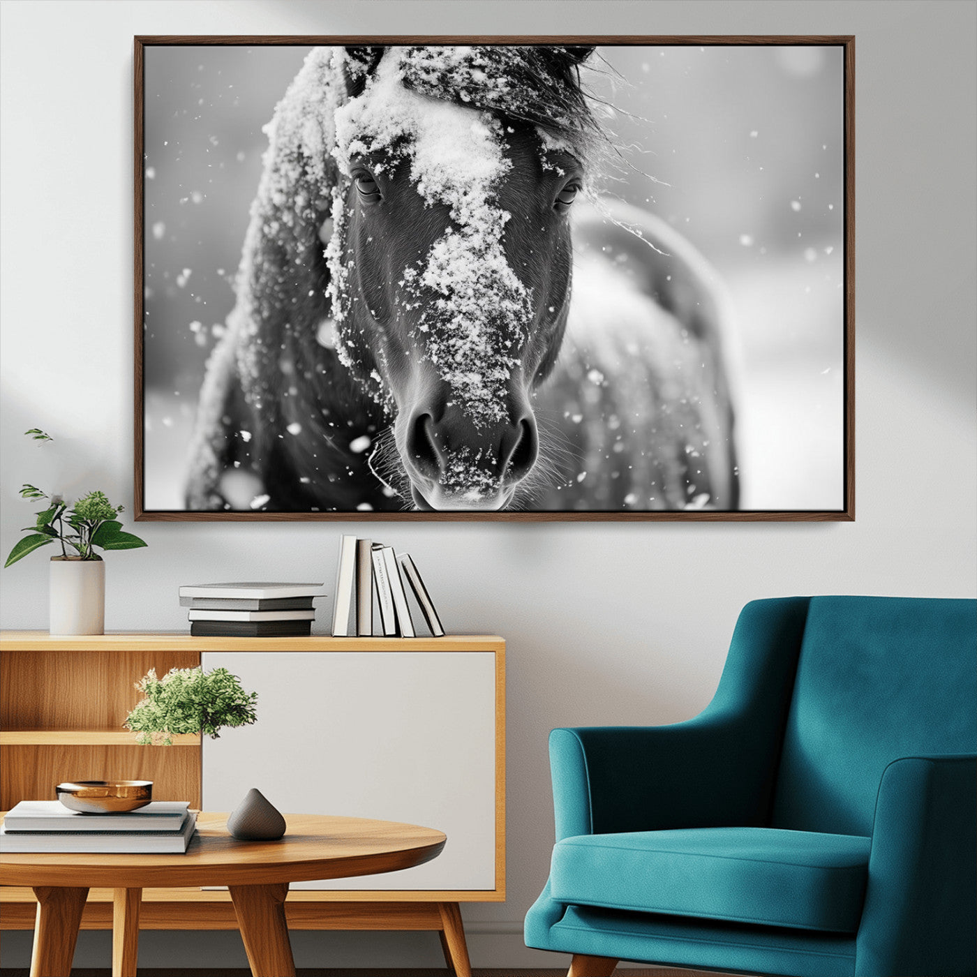 MGV-FC-36X24 - Black and White Horse Winter Wall Art | Ready to Hang and Framed | Farmhouse Wall Decor | Western