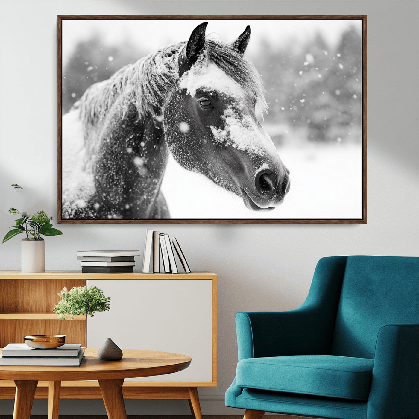 MGV-FC-36X24 - Black Horse Winter Wall Art | Ready to Hang and Framed | Farmhouse and Western Wall Decor for Living