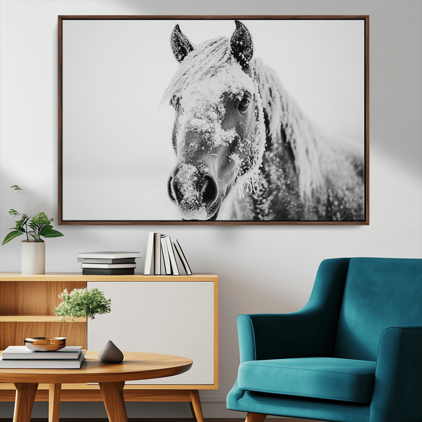 MGV-FC-36X24 - White Horse Wall Art | Ready to Hang and Framed | Winter Horse Wall Art Print for Farmhouse and