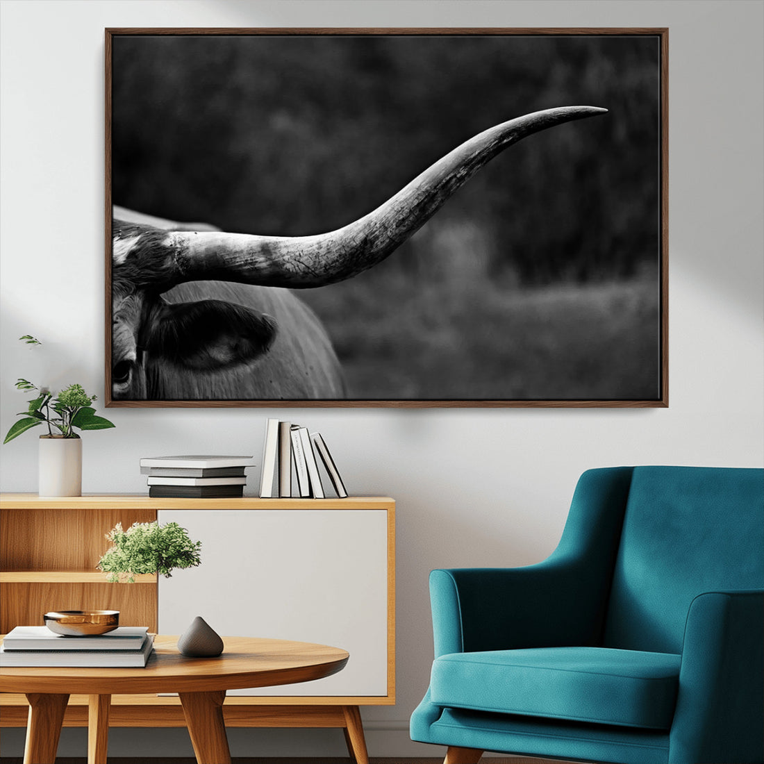 Cow Longhorn Wall Art, Black and White Print, Ready to Hang