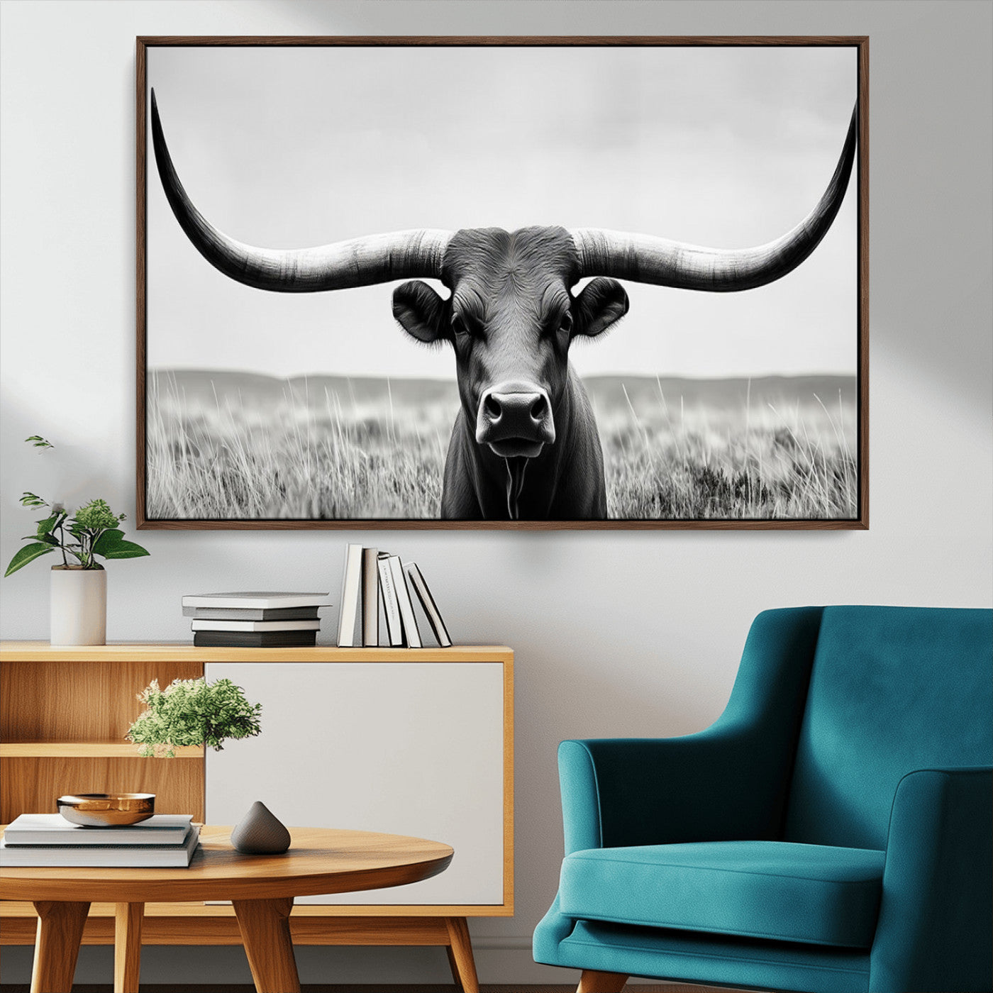 -Longhorn Bull Canvas Print | Rustic Farmhouse Wall Art | Western Decor | Ready to Hang and Framed