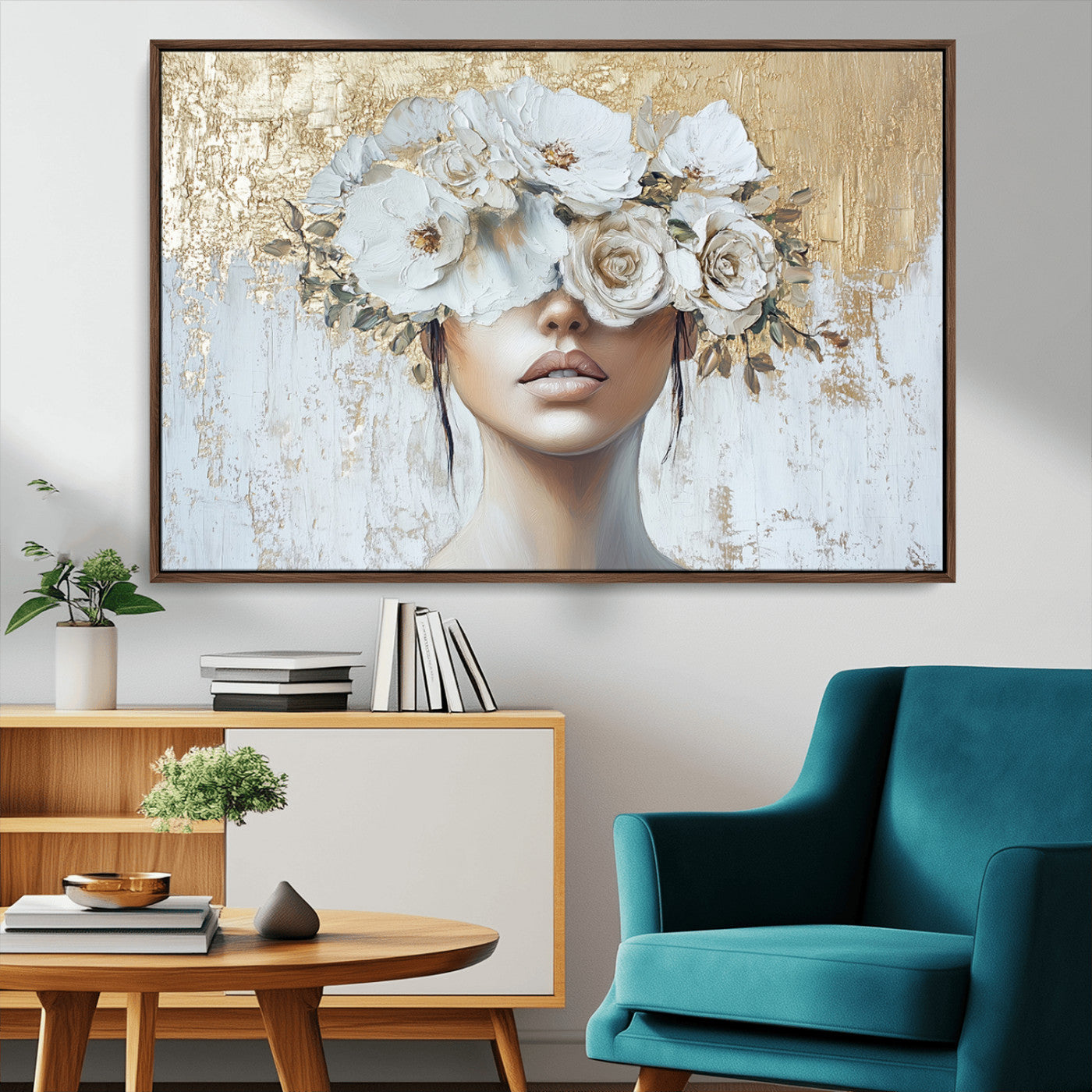 MGV-FC-36X24 - Golden Petal Wall Art - Canvas Print Flower Head Woman Painting Floral Woman Portrait Wall Decor,