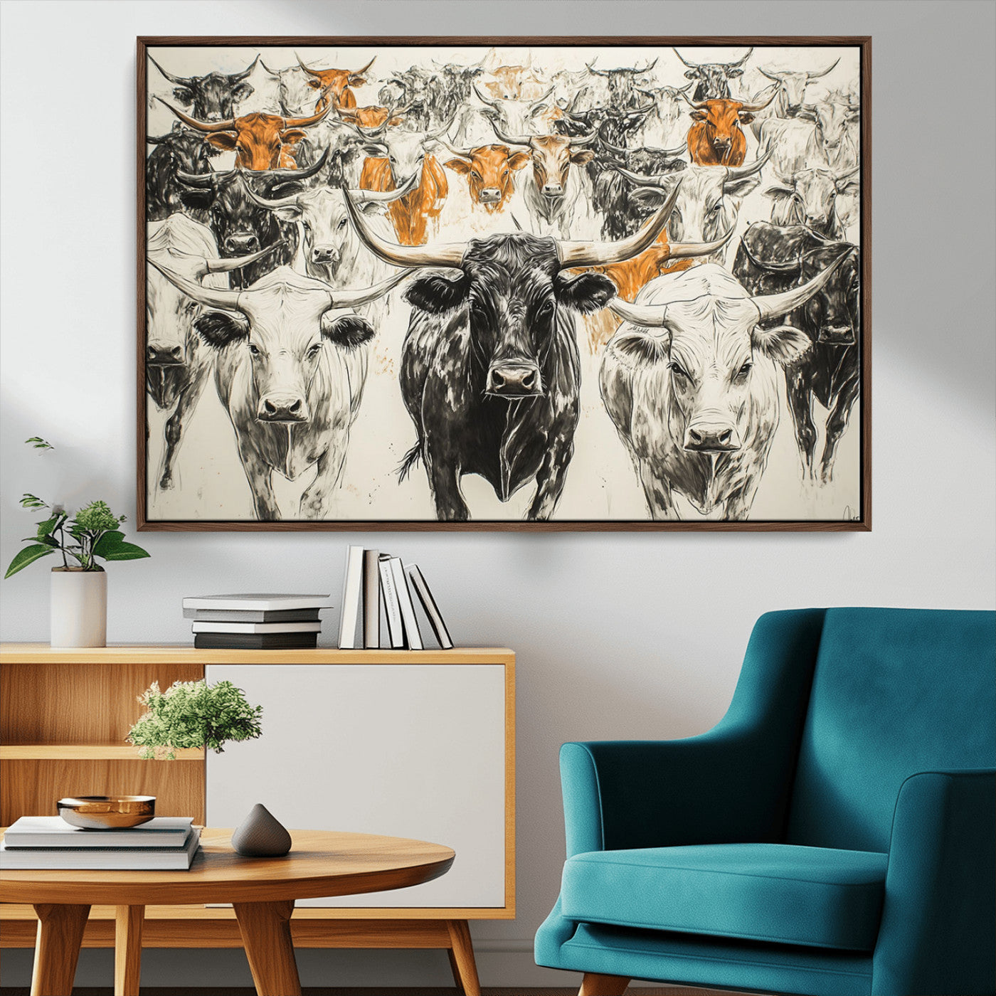 MGV-FC-36X24 - Texas Longhorn Wall Art - Herd Canvas Wall Art Print - Abstract Cow Drawing Wall Art Print for