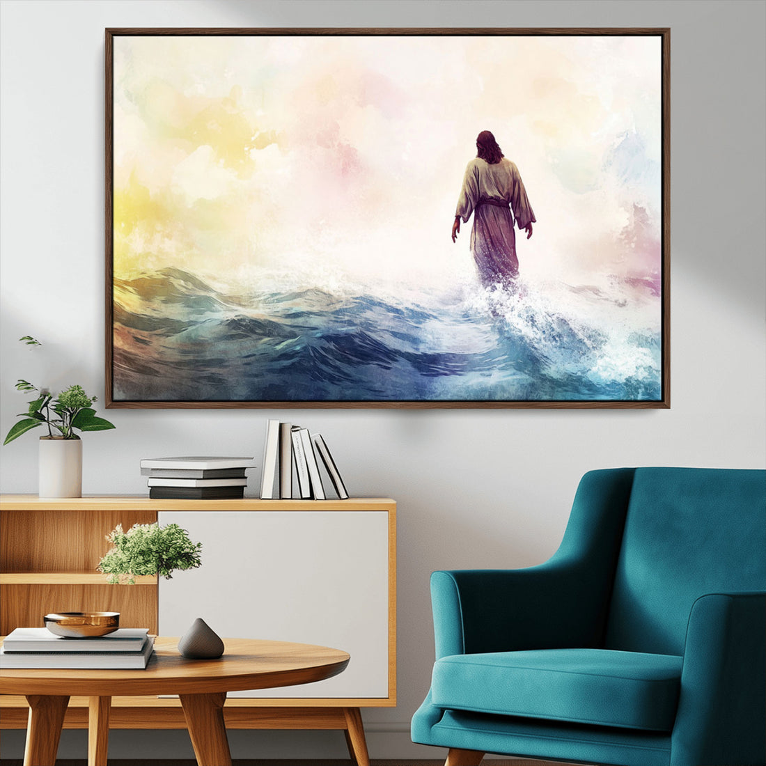 Watercolor Jesus Walking on Water Canvas Print, Christian Wall Art