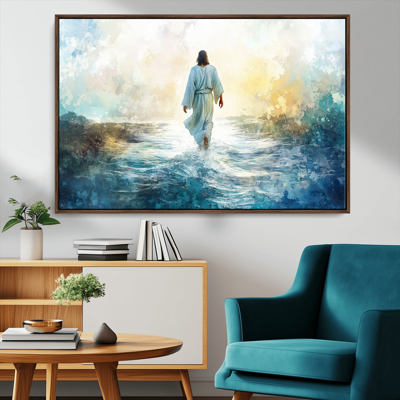 MGV-FC-36X24 - Watercolor Jesus Walking on Water Canvas Print, Christian Wall Art, Jesus Christ Walking