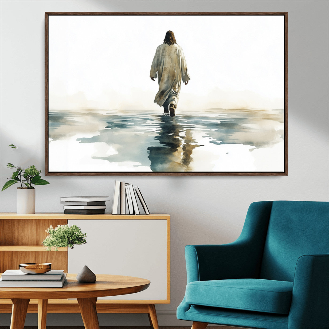 MGV-FC-36X24 - Watercolor Jesus Walking on Water Canvas Print, Christian Wall Art, Jesus Christ Walking