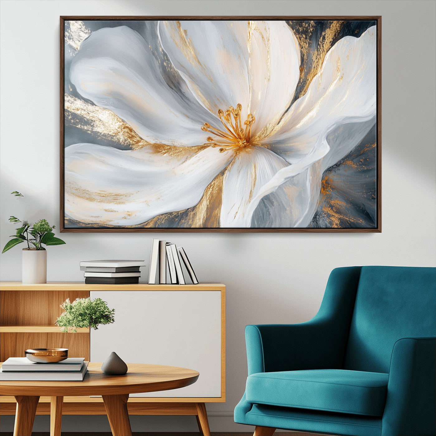 MGV-FC-36X24 - White and Gold Floral Canvas Wall Art - Framed and Ready to Hang - Perfect for Modern Living Rooms