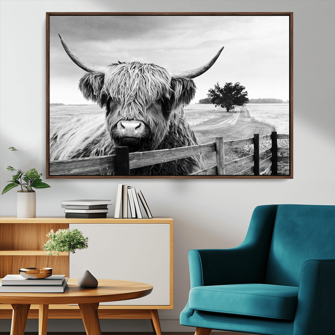 MGV-FC-36X24 - Scottish Highland Cow Wall Art | Rustic Farmhouse Décor | Black and White Ready to Hang Canvas Print