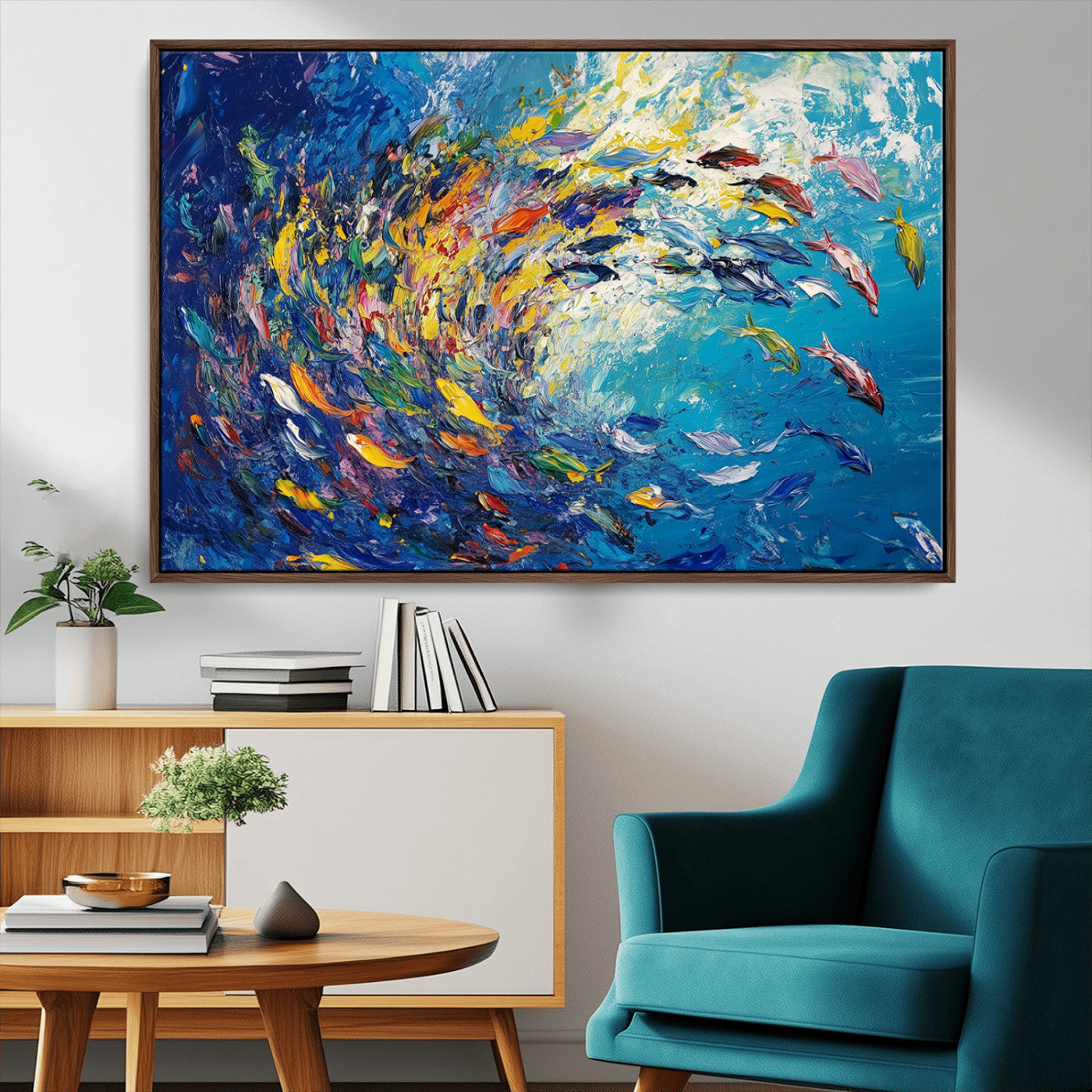 MGV-FC-36X24 - Colorful Swirling Fish School Wall Art Canvas Print | Oceanic Abstract Painting | Ready to Hang |