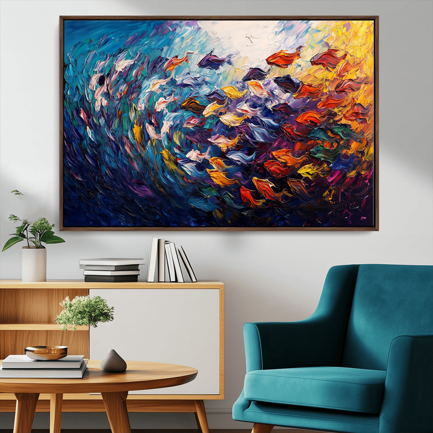 MGV-FC-36X24 - Vibrant Abstract Fish Swarm Art – Colorful Fish Inspired 3-Piece Canvas Wall Art for Living Room or
