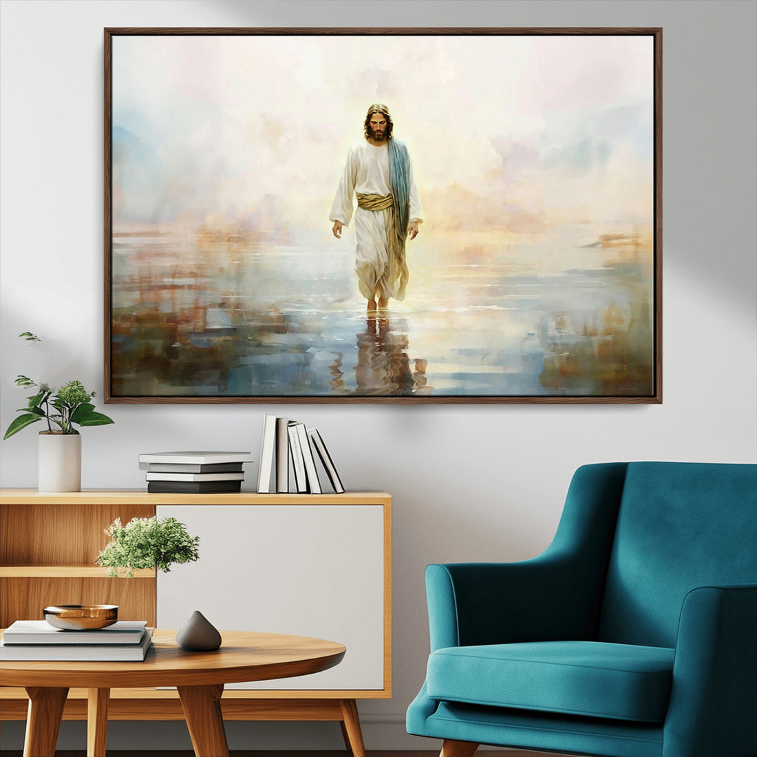 Framed Jesus Walking on Water Wall Art, 3 Panel Christian Canvas Prints