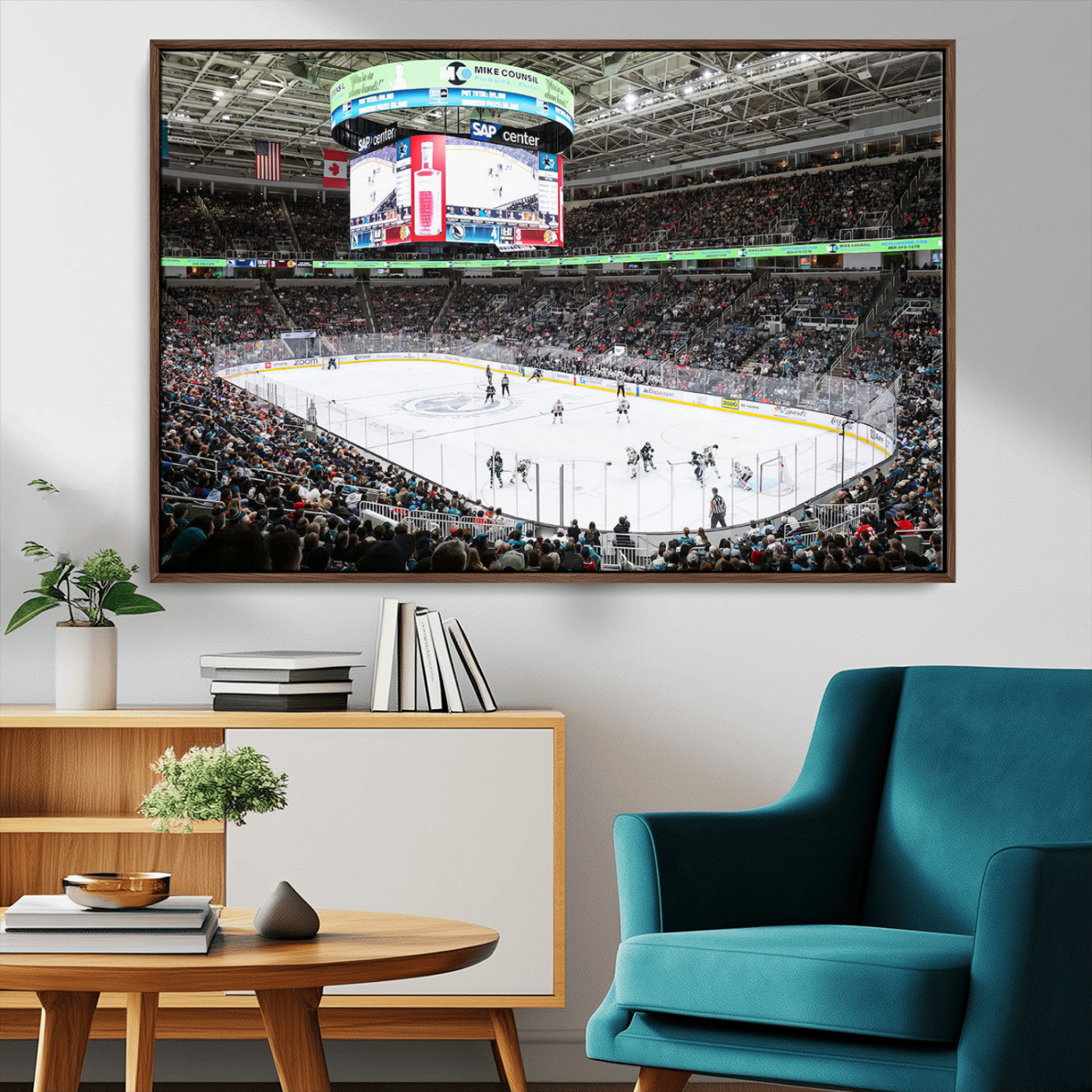 MGV-FC-36X24 - Sharks Arena Blackhawks Sharks Ice Hockey Stadium Wall Art Canvas Print, Framed Blackhawks Sharks