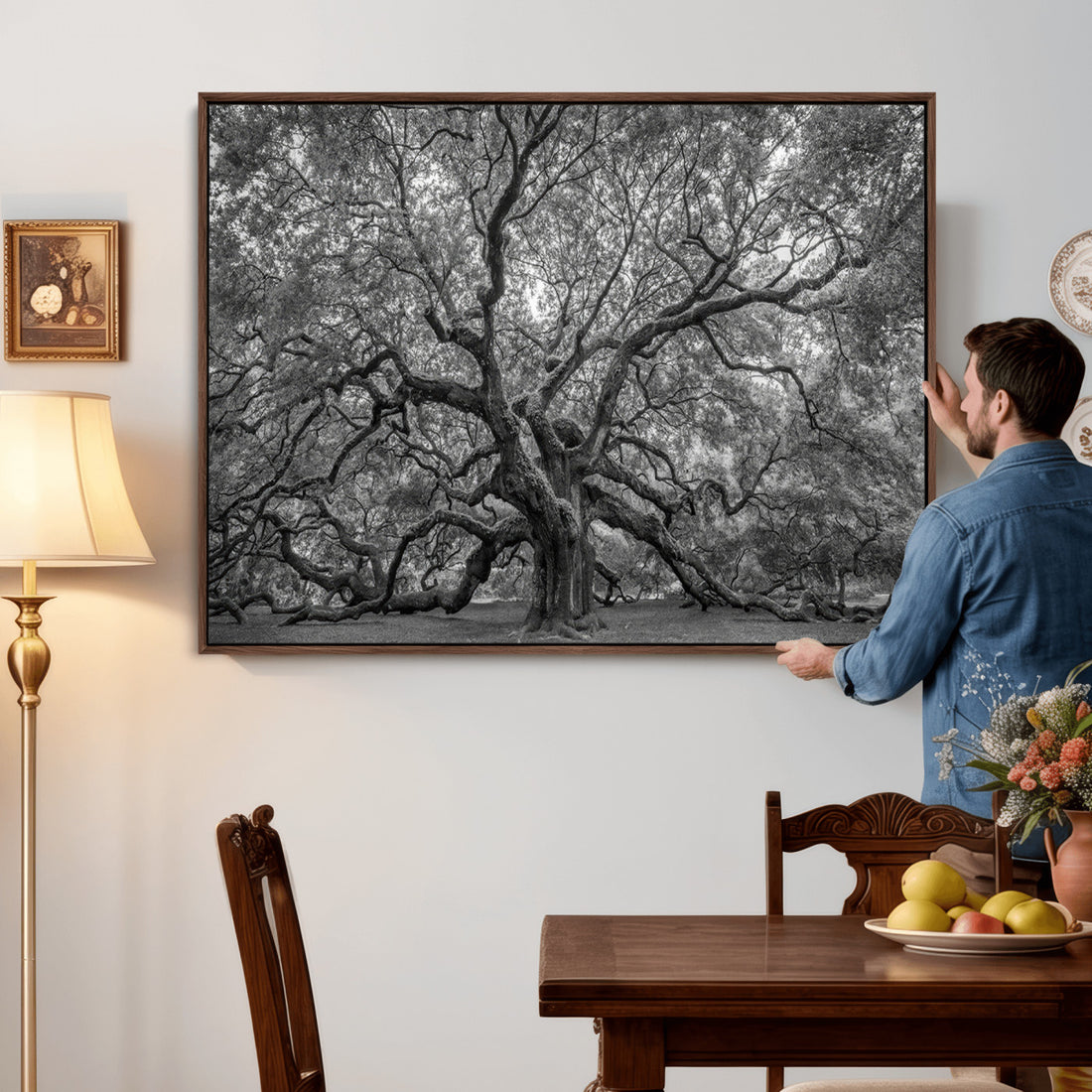 Majestic Angel Oak Tree Black and White Canvas Print