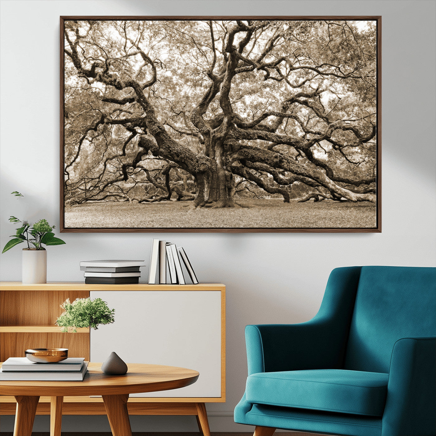 51126-MGV-CV-36X24-Sepia Framed Angel Oak Tree Wall Art - 3-Panel Canvas Prints, Large Green Nature Artwork, Ready to