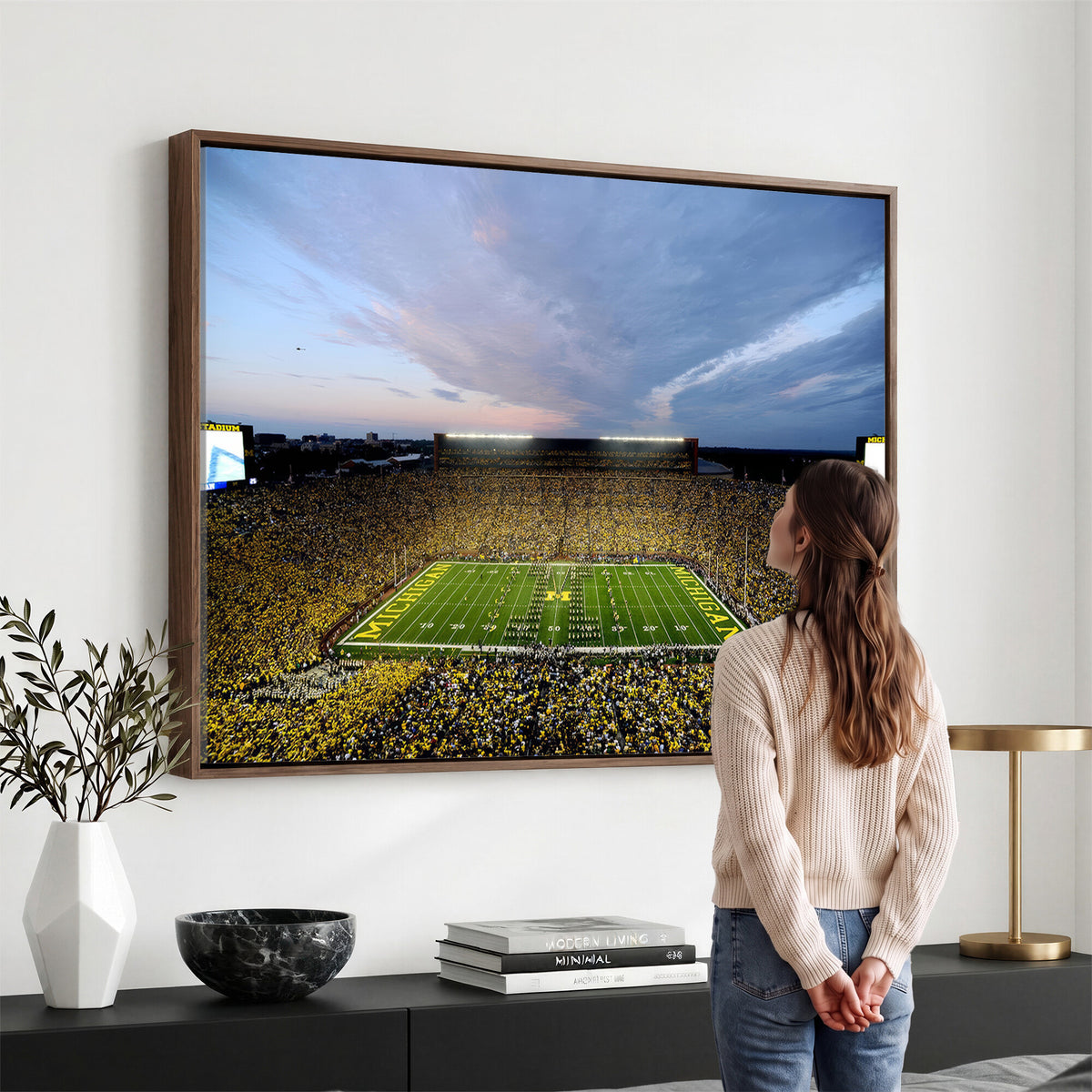 82641-MGV-CV-36X24 - Michigan Stadium Wall Art Canvas Print – Framed Football Field Scene with Marching Band Artwork for Home, Office
