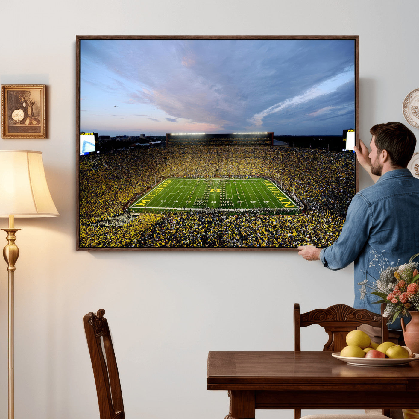82641-MGV-CV-36X24 - Michigan Stadium Wall Art Canvas Print, Vibrant Game Day Crowd and Sunset Sky Football Field Artwork for Home, Office