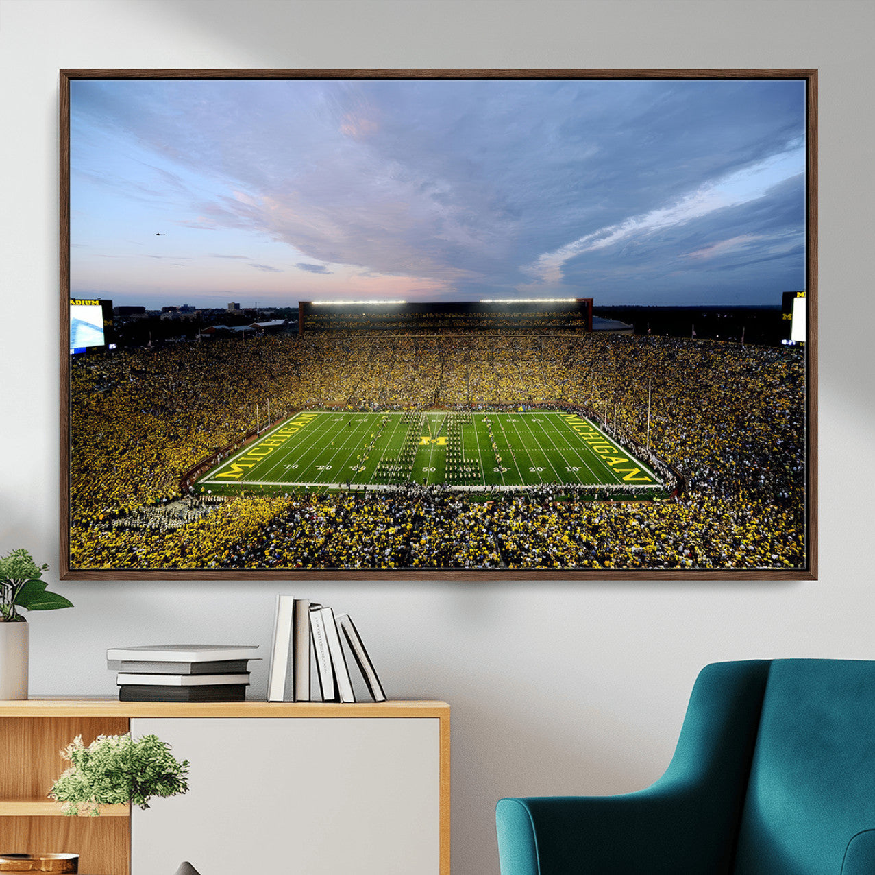 82641-MGV-FC-36X24 - Michigan Stadium Wall Art Canvas Print, Vibrant Game Day Crowd and Sunset Sky Football Field Artwork for Home, Office