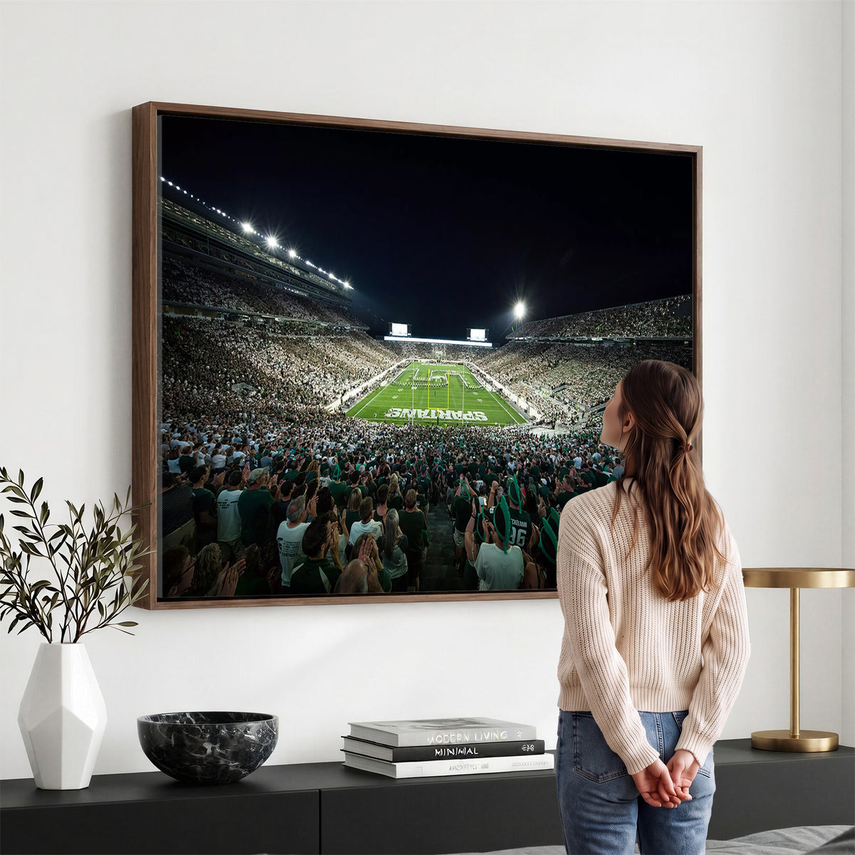 57523-PAN-FL-20X10 - Framed Michigan State Spartans Football Team Print - East Lansing Spartan Stadium Wall Art Canvas