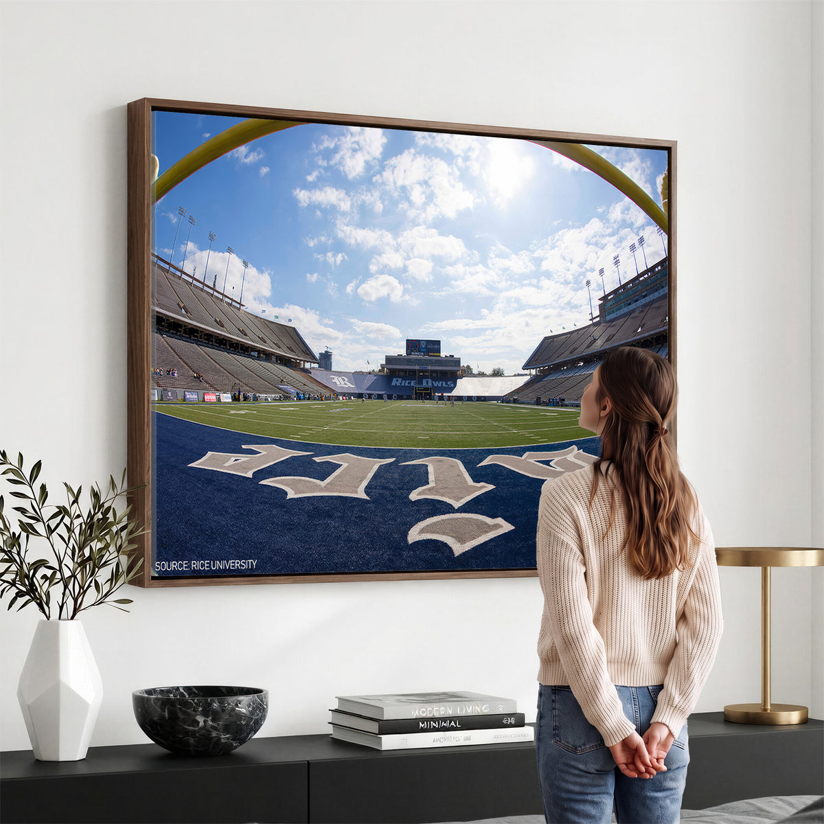 50267-MGV-CV-36X24 - Rice University Owls Football Team Print, Houston Rice Stadium, Framed and Ready to Hang