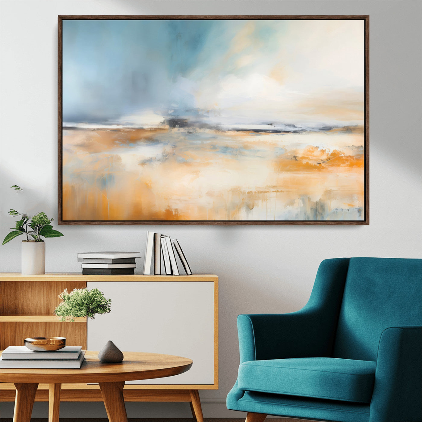 -Abstract Landscape Wall Art Canvas Print - Warm Tones of Orange and Blue, Modern Framed Art for Home