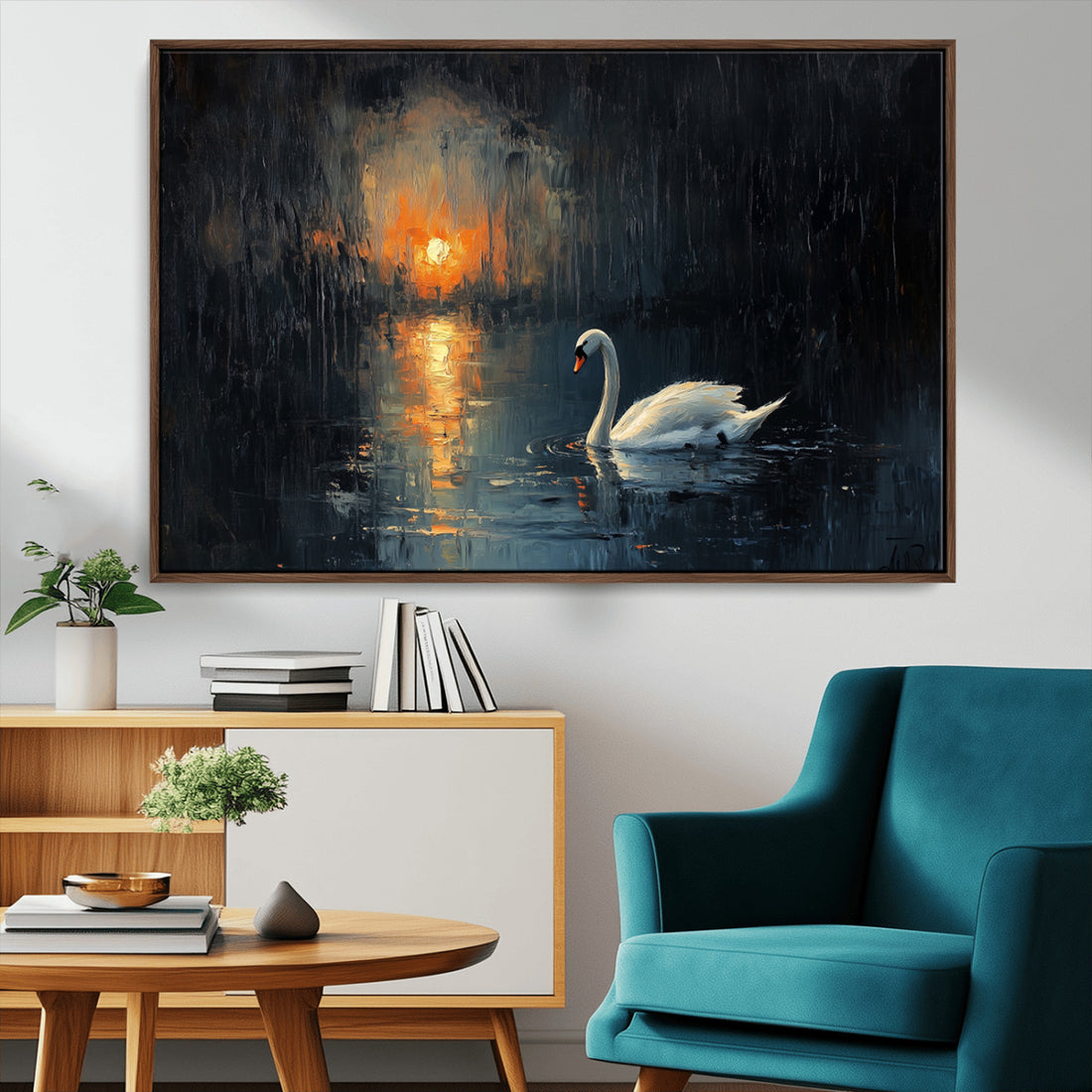 Abstract Swan on Water Wall Art Canvas Print, Elegant Nature Scene for Modern Decor