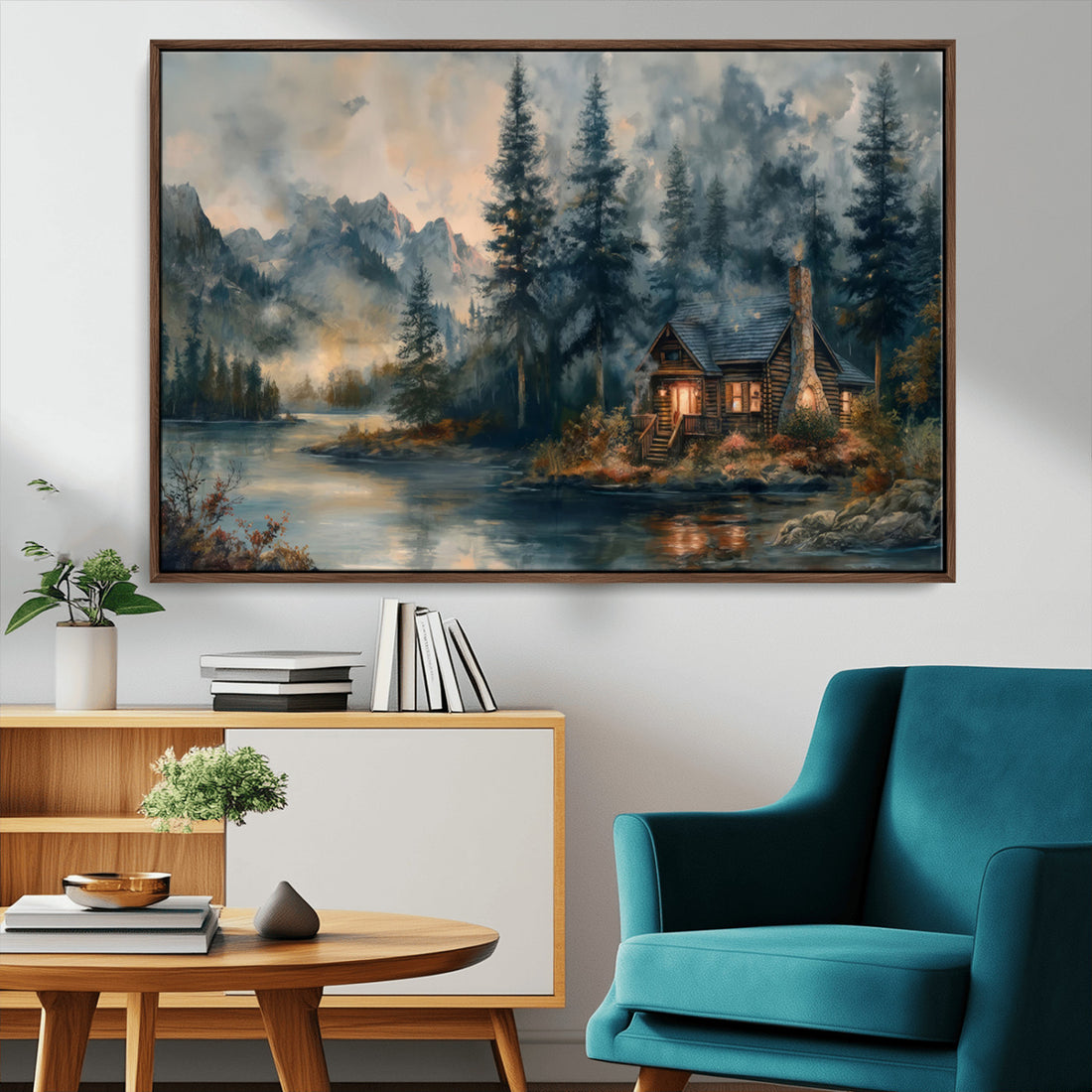 Rustic Cabin Woods Wall Art Print | Lake in a Forest Canvas Print