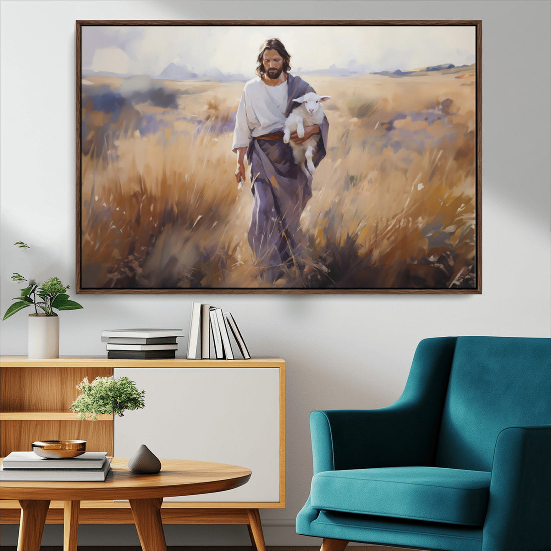Jesus the Good Shepherd Wall Art Canvas Print, Lost Lamb Print for Prayer Room Decor