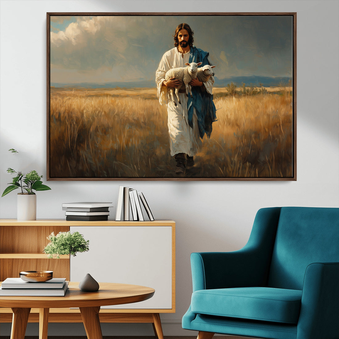 Jesus Shepherd Wall Art | Triptych Canvas of Jesus Holding a Lamb in a Field