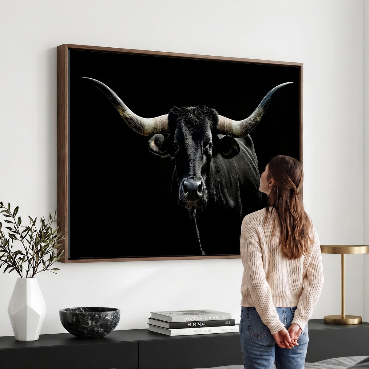 20679-MGV-CV-24X16 - Texas Black Longhorn Bull Wall Art Canvas Print, Western Cattle Rustic Decor