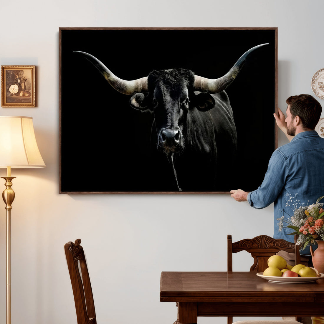 Texas Black Longhorn Bull Wall Art Canvas Print, Western Cattle Rustic Decor