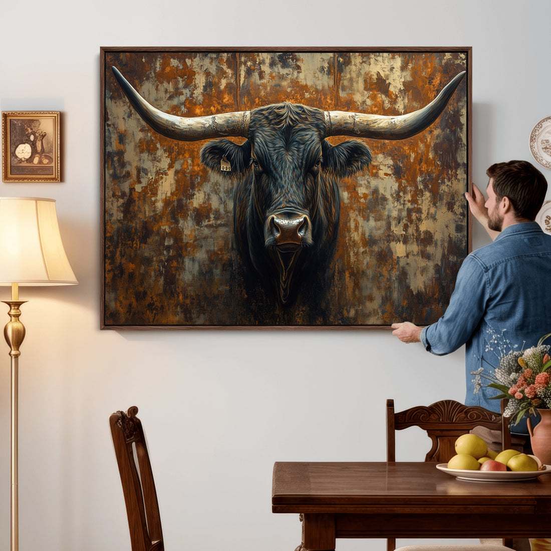 Longhorn Texas Cow Bull Wall Art | Rustic Farmhouse Canvas Print