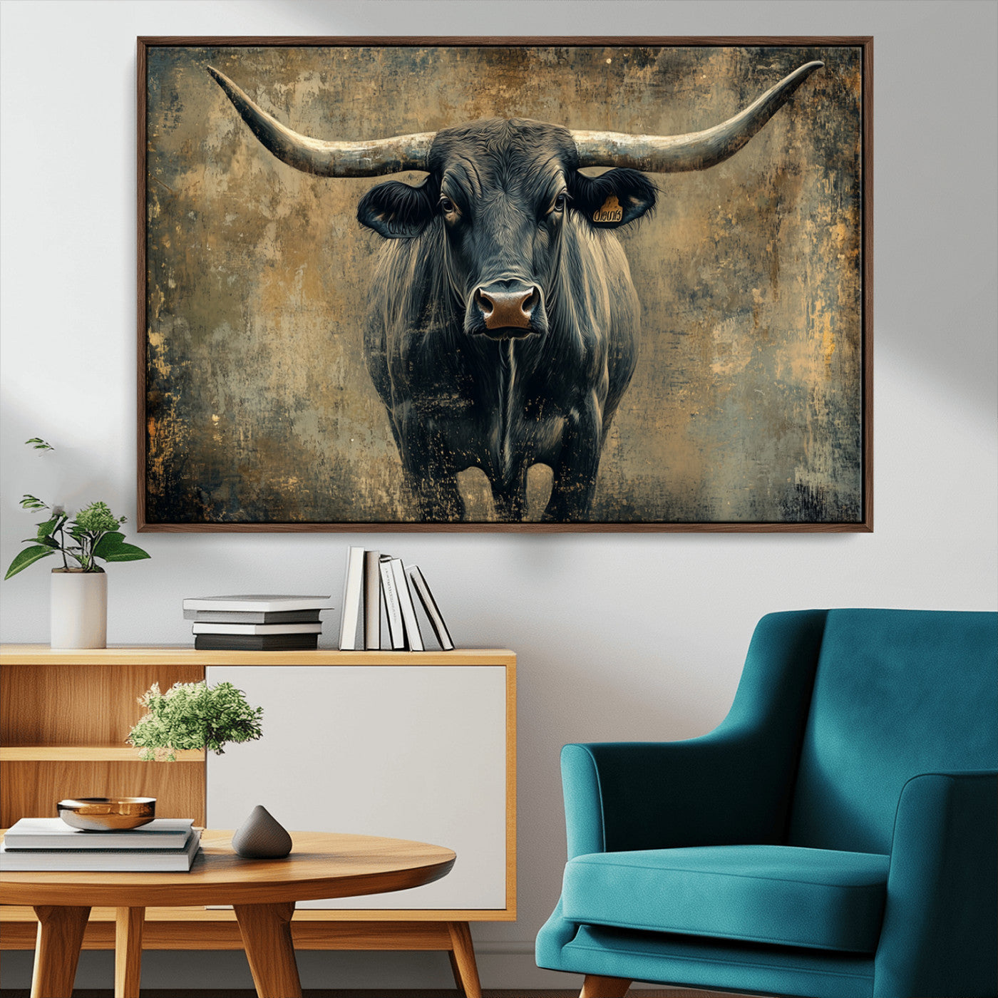 MGV-FC-36X24 - Longhorn Bull Wall Art Canvas Print, Framed Rustic Cow Art Picture Print, Texas Longhorn Perfect Western Decor Artwork