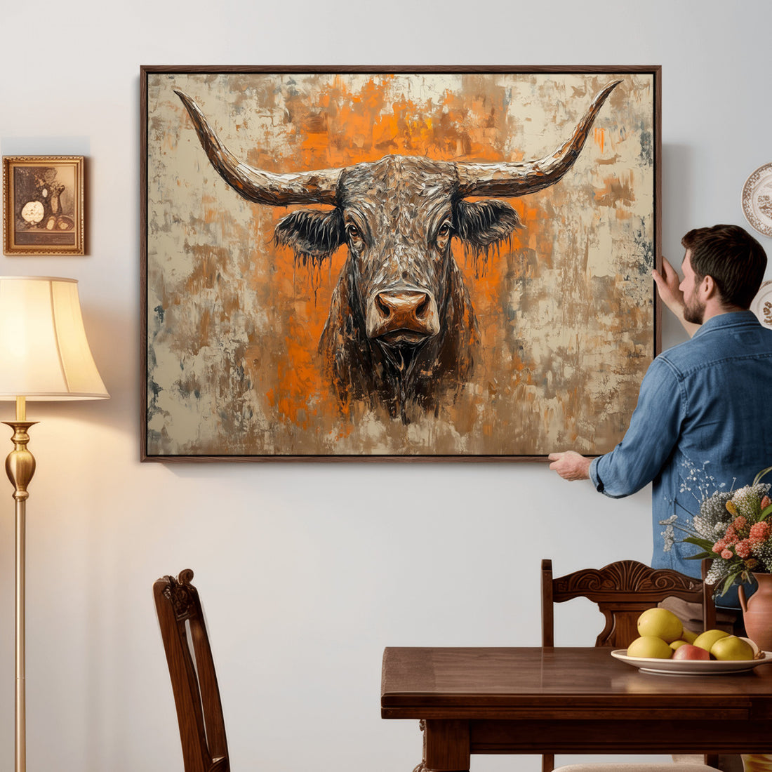 Abstract Cow Longhorn Bull Wall Art Canvas Print, Rustic Texas Western Cattle Artwork