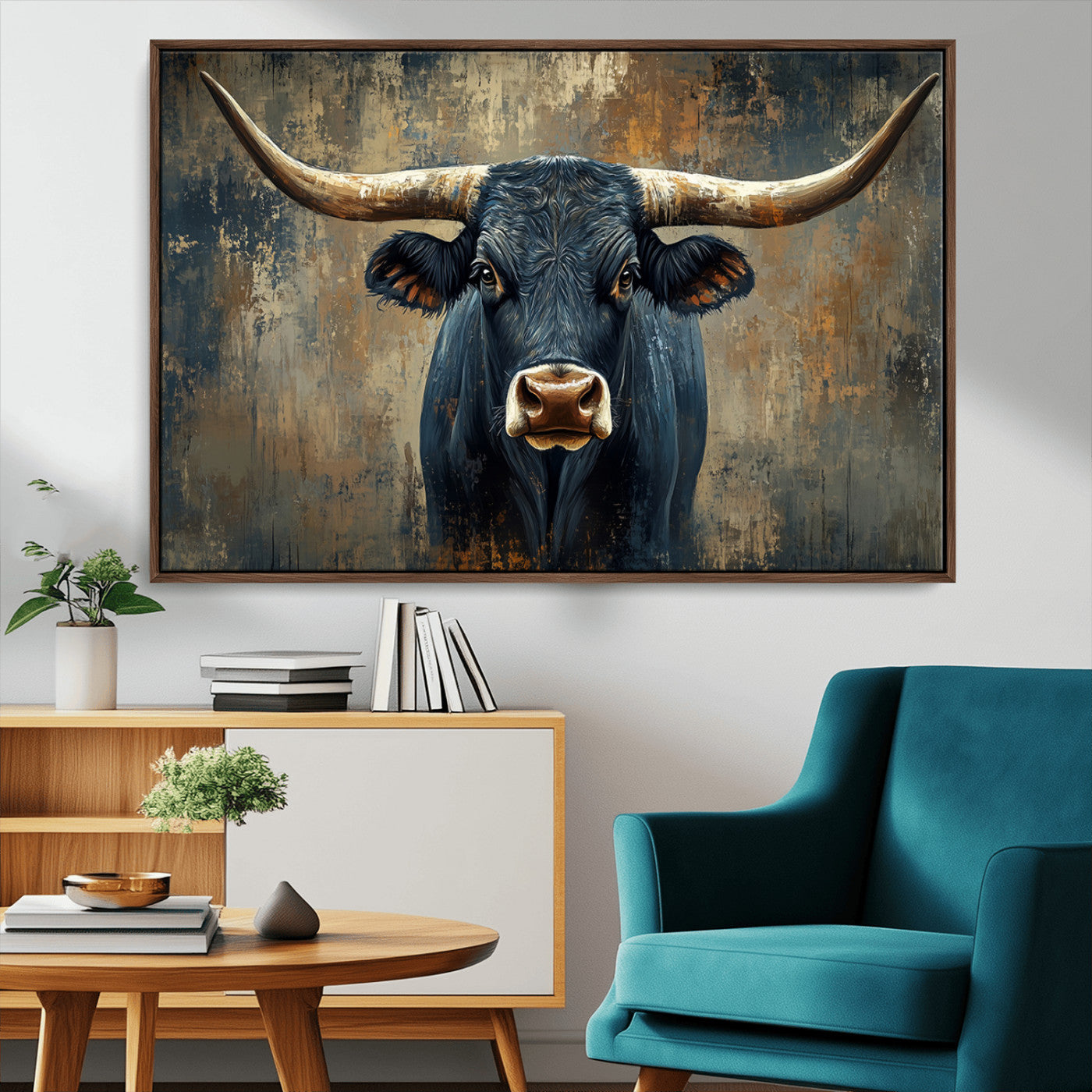 MGV-FC-36X24 - Texas Western Wall Art Canvas Print - Abstract Cow Longhorn Bull Wall Art Canvas Print - Rustic Cow