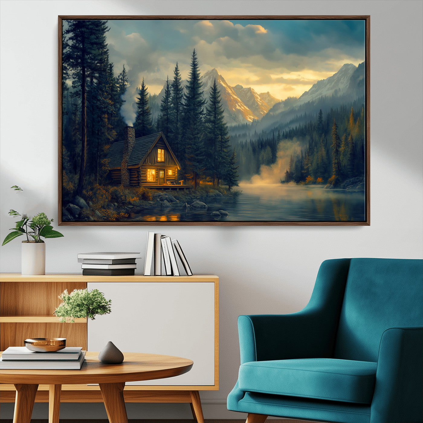 MGV-FC-36X24 - Mountain Cabin by the Lake at Sunset Wall Art - Serene Nature Canvas Print for Living Room Decor,