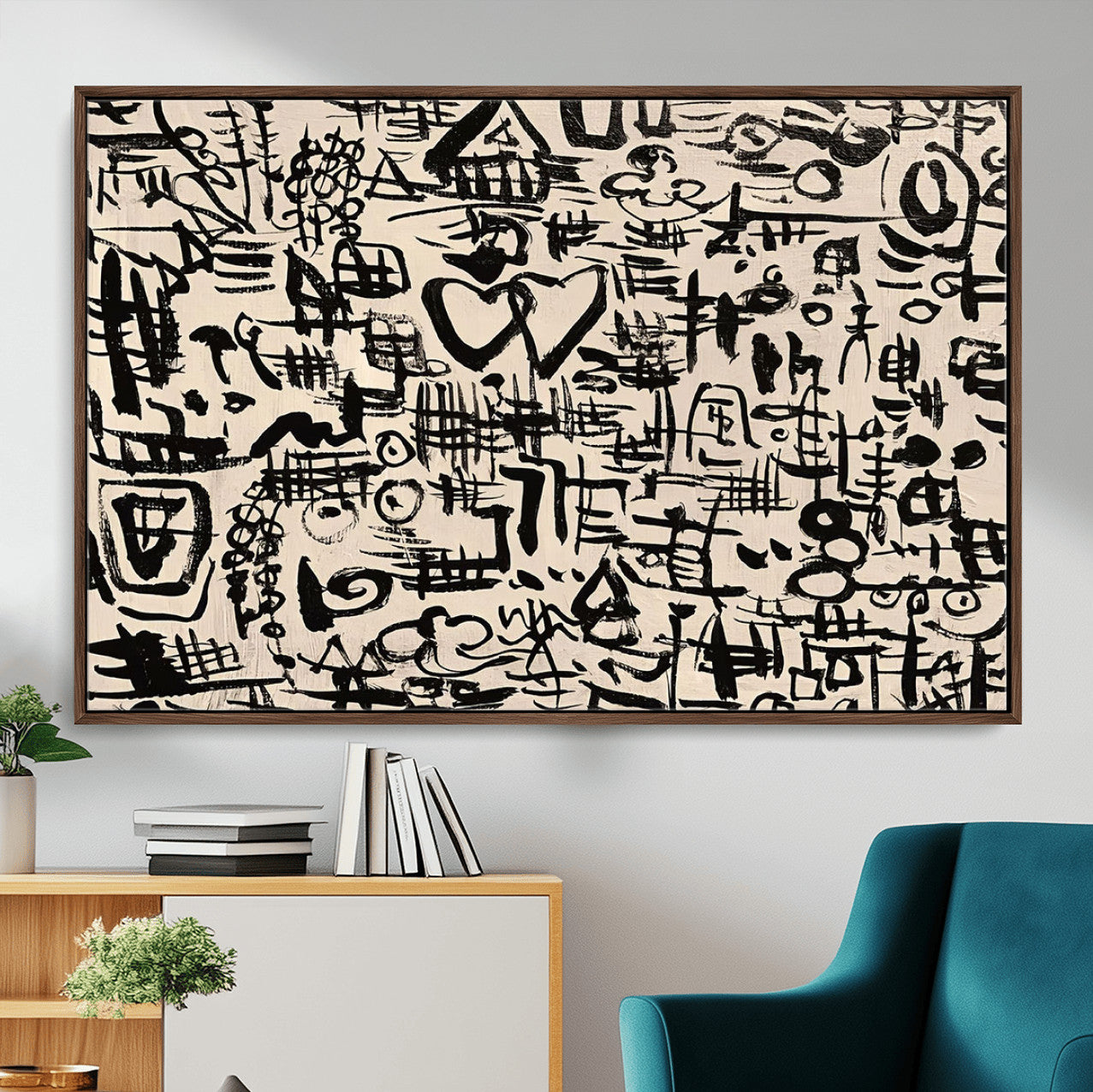 68273-MGV-FC-36X24 - Abstract Love and Chaos Canvas Print, Black Symbols on Beige