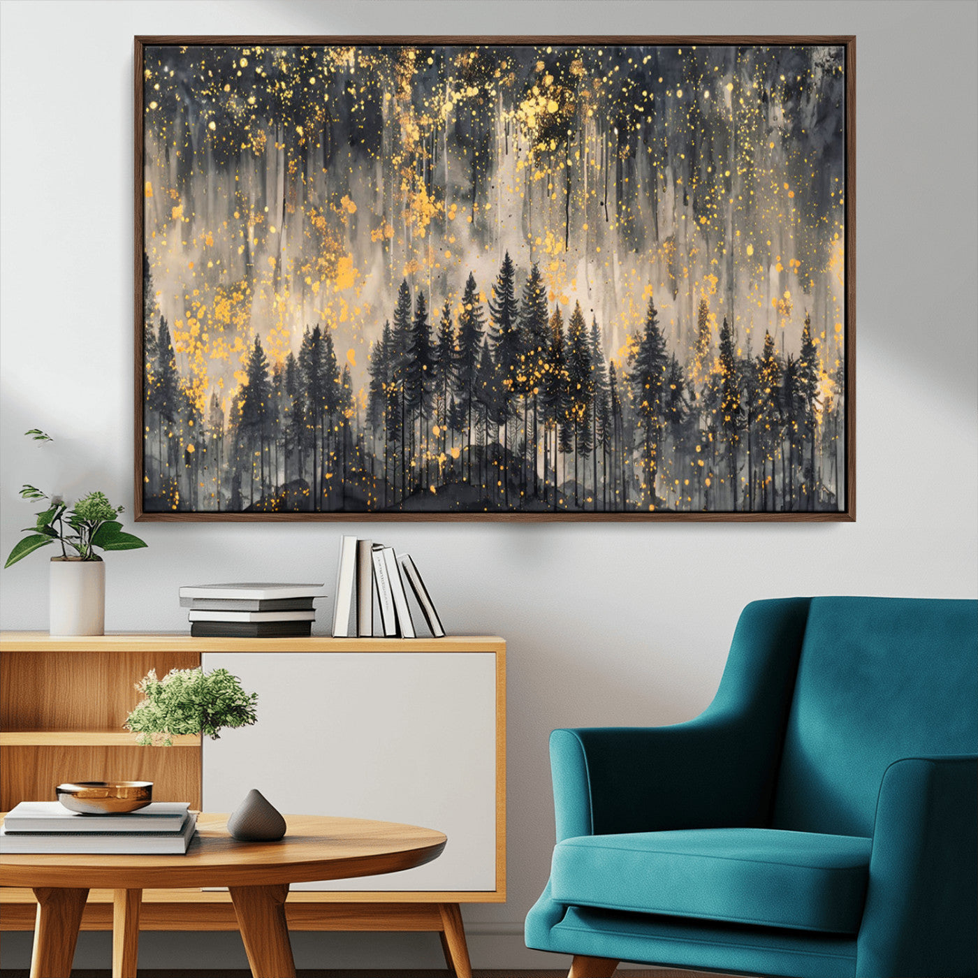 MGV-FC-36X24 - Golden Forest Abstract Wall Art | Dark Forest with Gold Splatter Accents | Triptych Ready to Hang