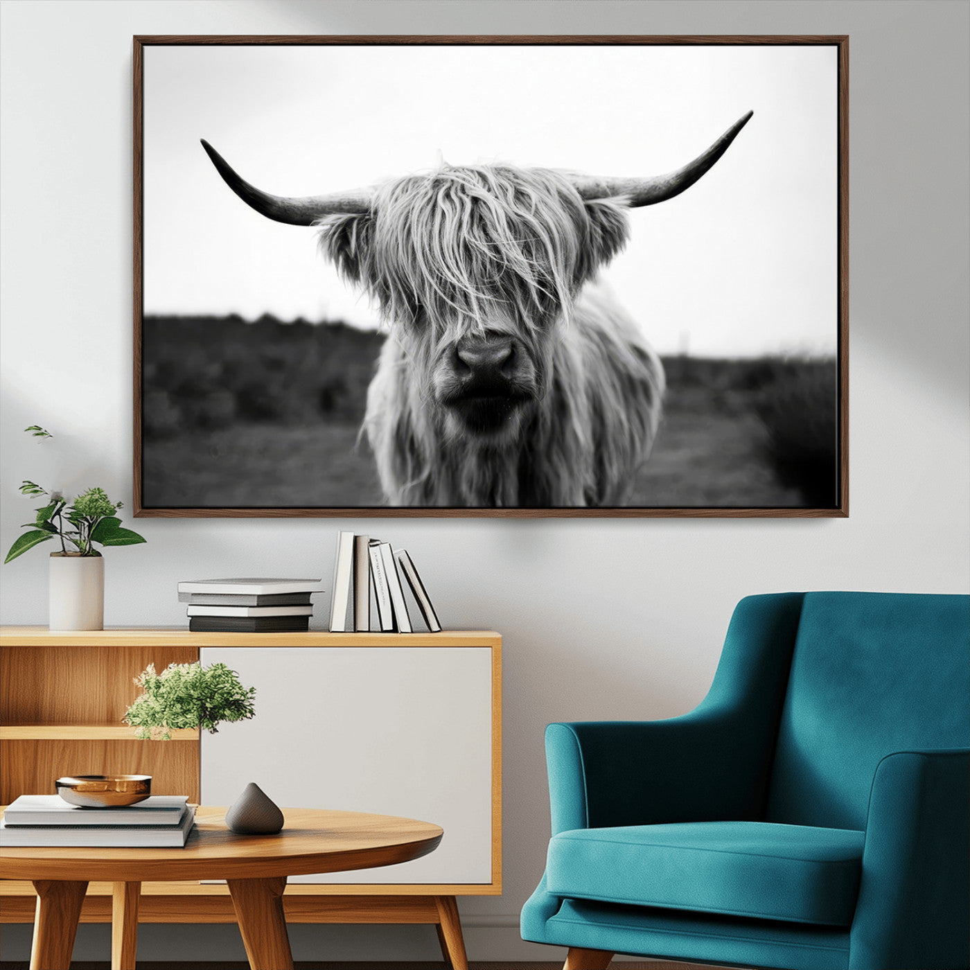 MGV-FC-36X24 - Highland Cow Wall Art | Black and White Farmhouse Decor | Triptych Canvas Print | Rustic Barn Decor
