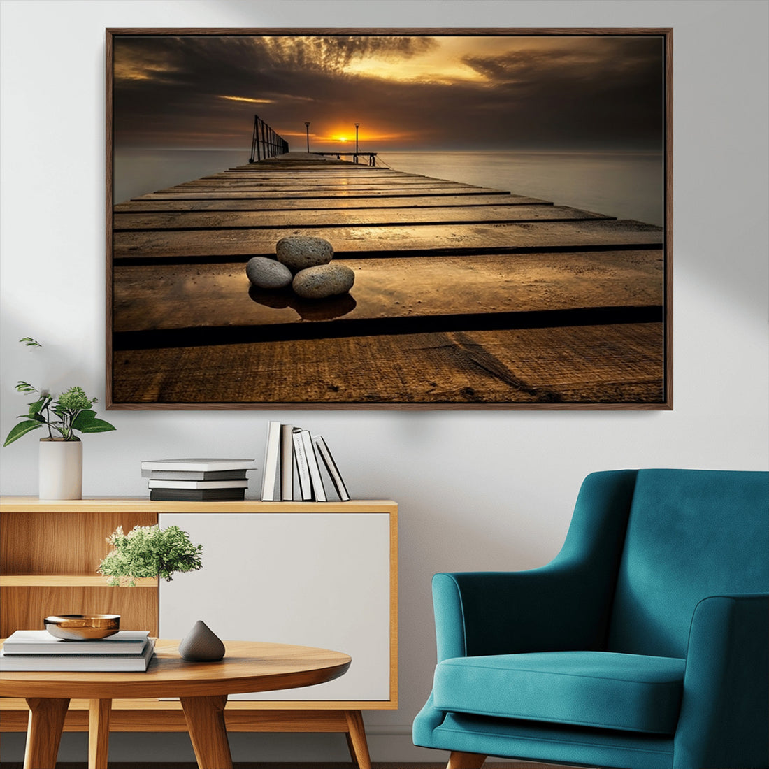 Stones on Wooden Pier at Sunset Canvas Print, Serene Coastal Wall Art