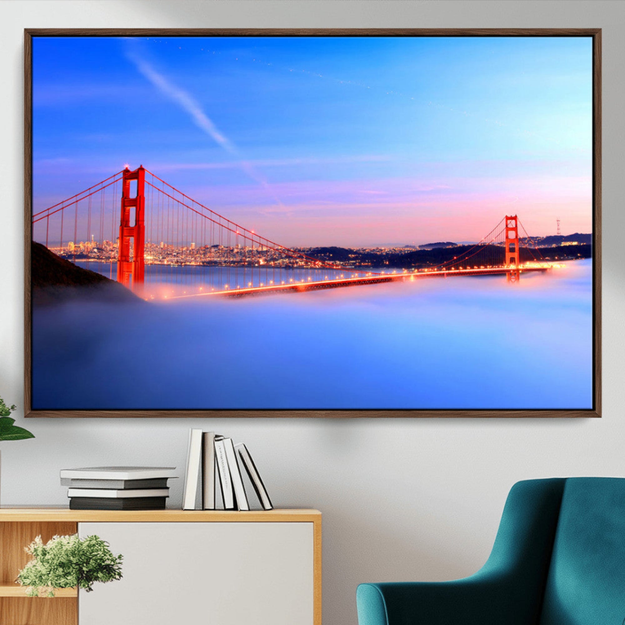 14572-MGV-CV-36X24-Large San Francisco Wall Art Canvas Print – Framed Golden Gate Bridge Scene with Fog Artwork for Home, Office