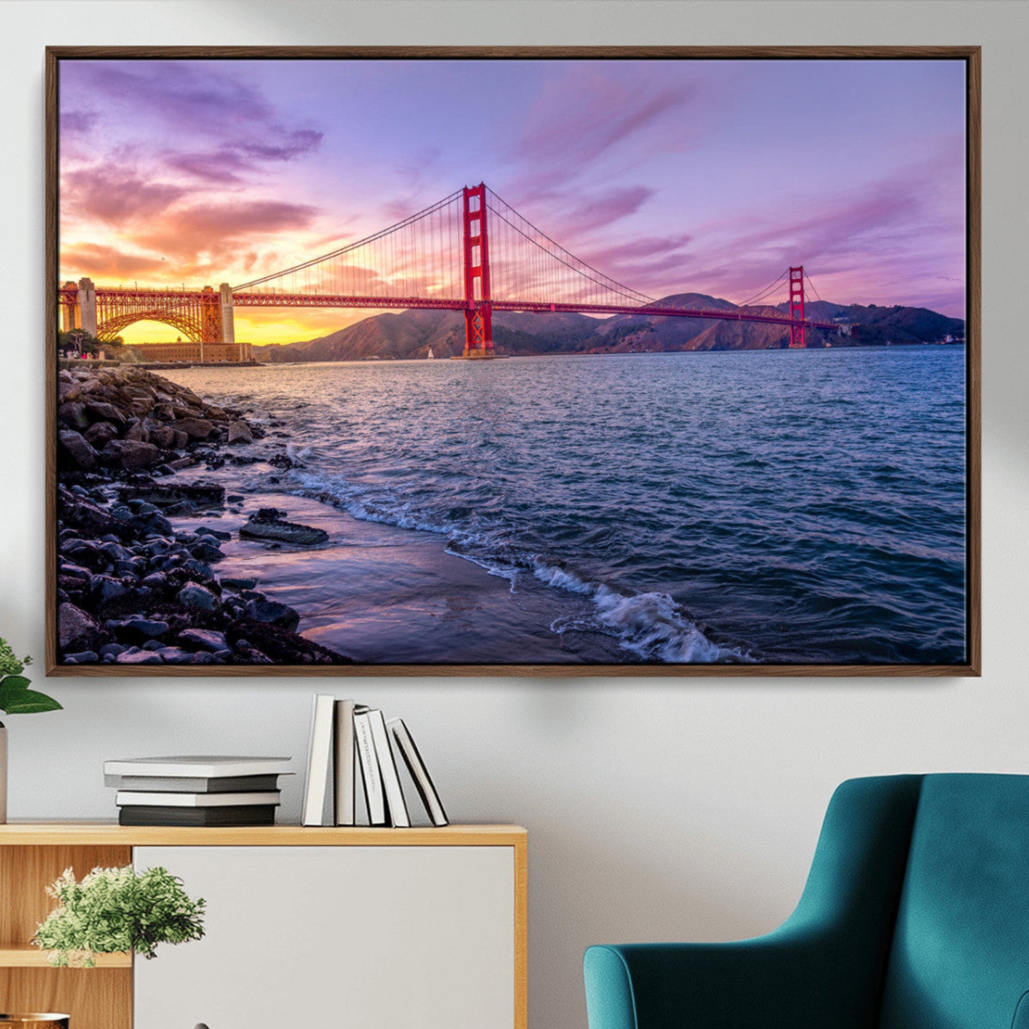 24256-MGV-CV-36X24-Golden Gate Bridge Wall Art Canvas Print – Framed San Francisco Sunset Scene with Cityscape Artwork for Home, Office