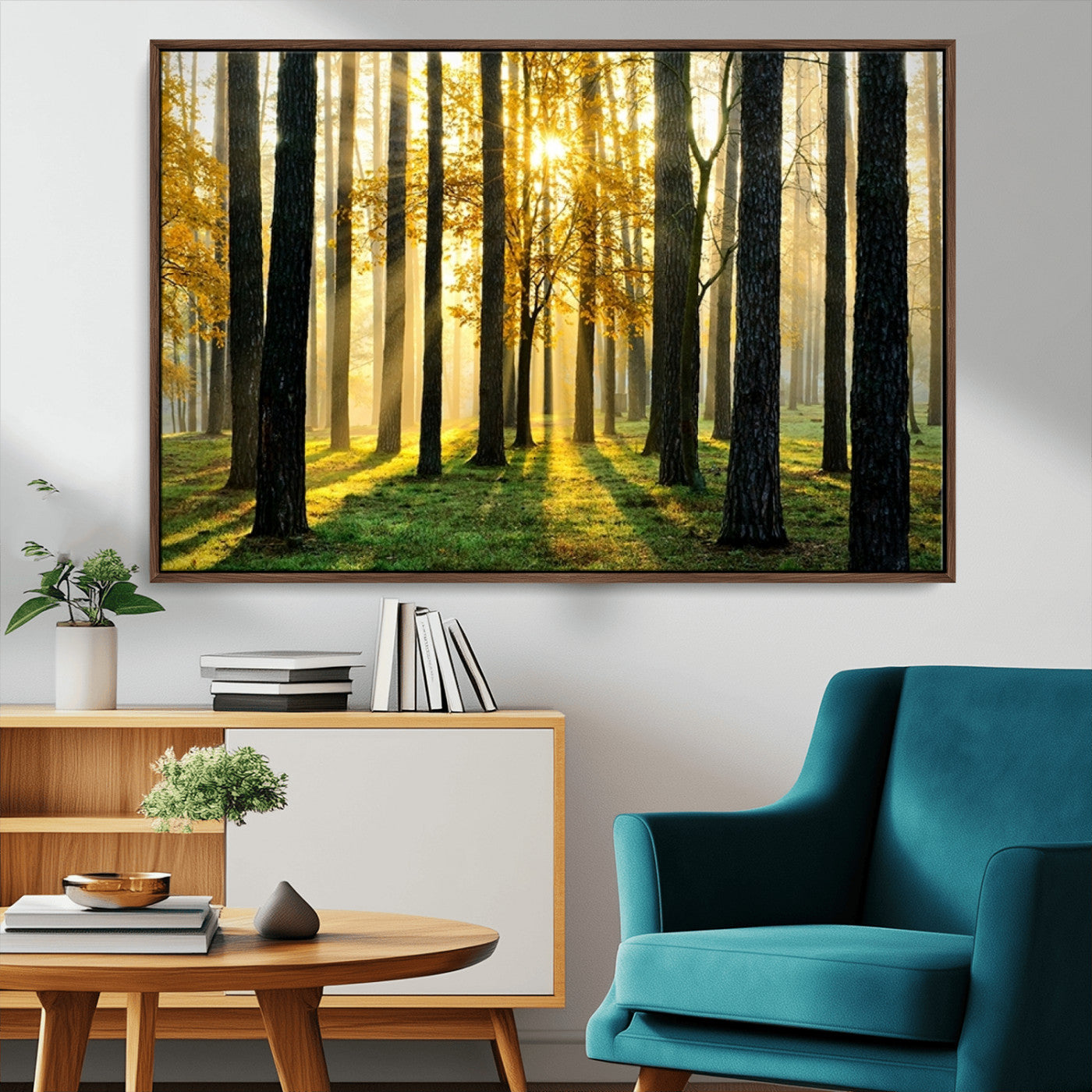 MGV-FC-36X24 - Sunlit Forest Canvas Wall Art – Serene Woodland Triptych Landscape Print – Nature-Inspired Decor for