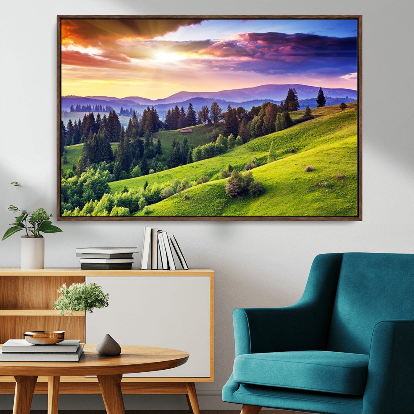 MGV-FC-36X24 - Green Hills and Sunset Wall Art Print - Scenic Landscape with Lush Greenery and Vibrant Sky, Ready