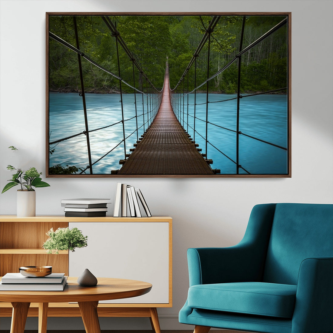 Suspension Bridge Over River Canvas Art | 3-Panel Nature Wall Art