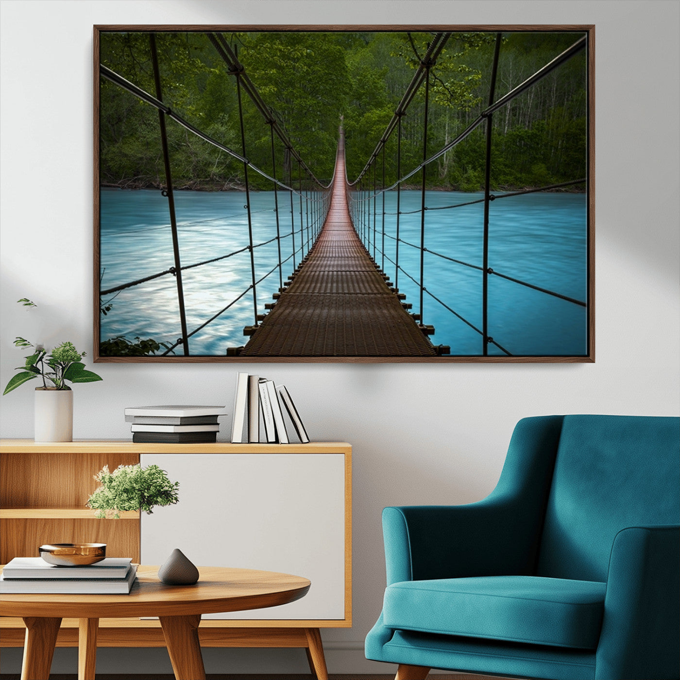 MGV-FC-36X24 - Suspension Bridge Over River Canvas Art | 3-Panel Nature Photography | Scenic Wall Art for Living