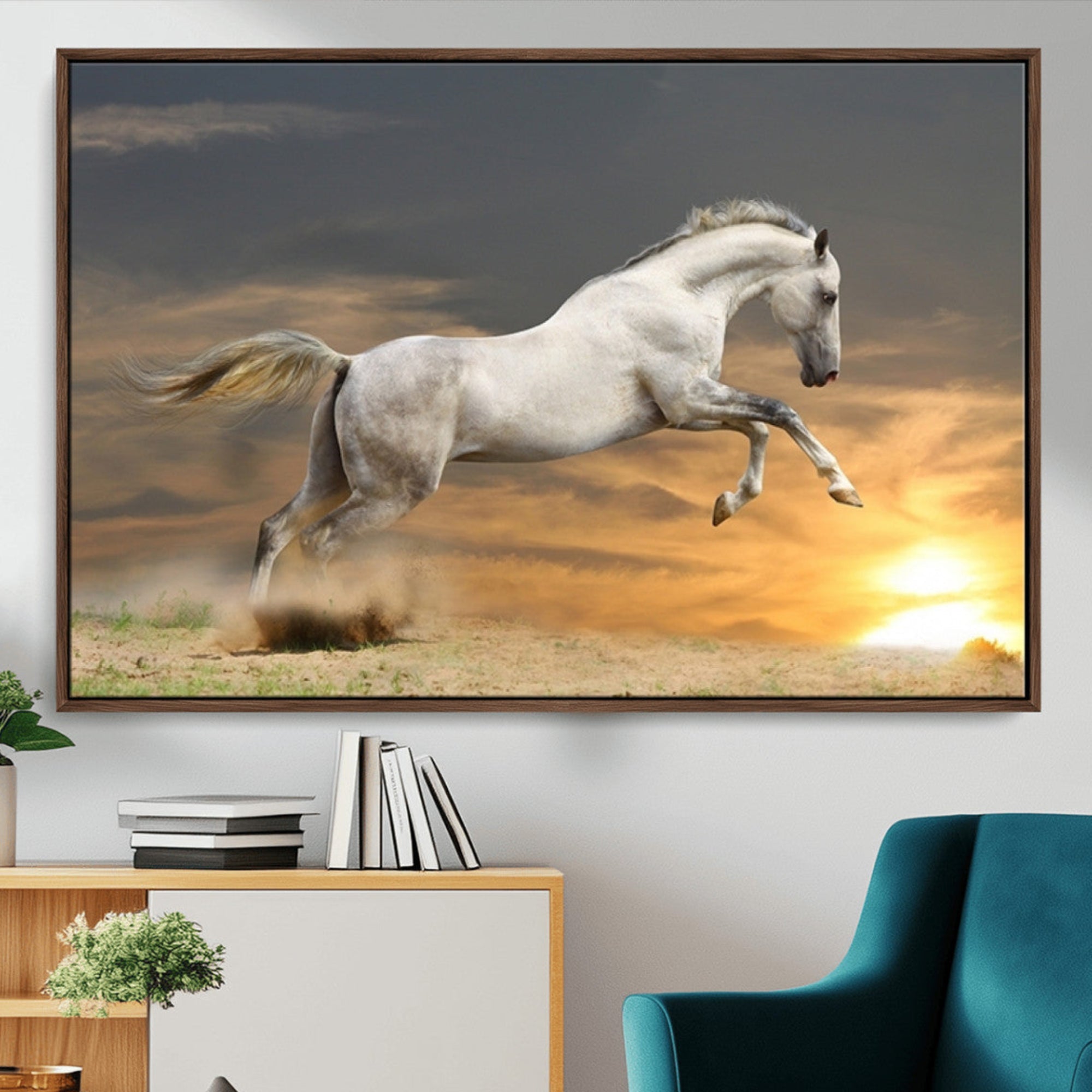 -Large Wall Art Canvas Print – White Jumping Horse Sunset Scene Animal Artwork for Home, Office, Living Room Decor