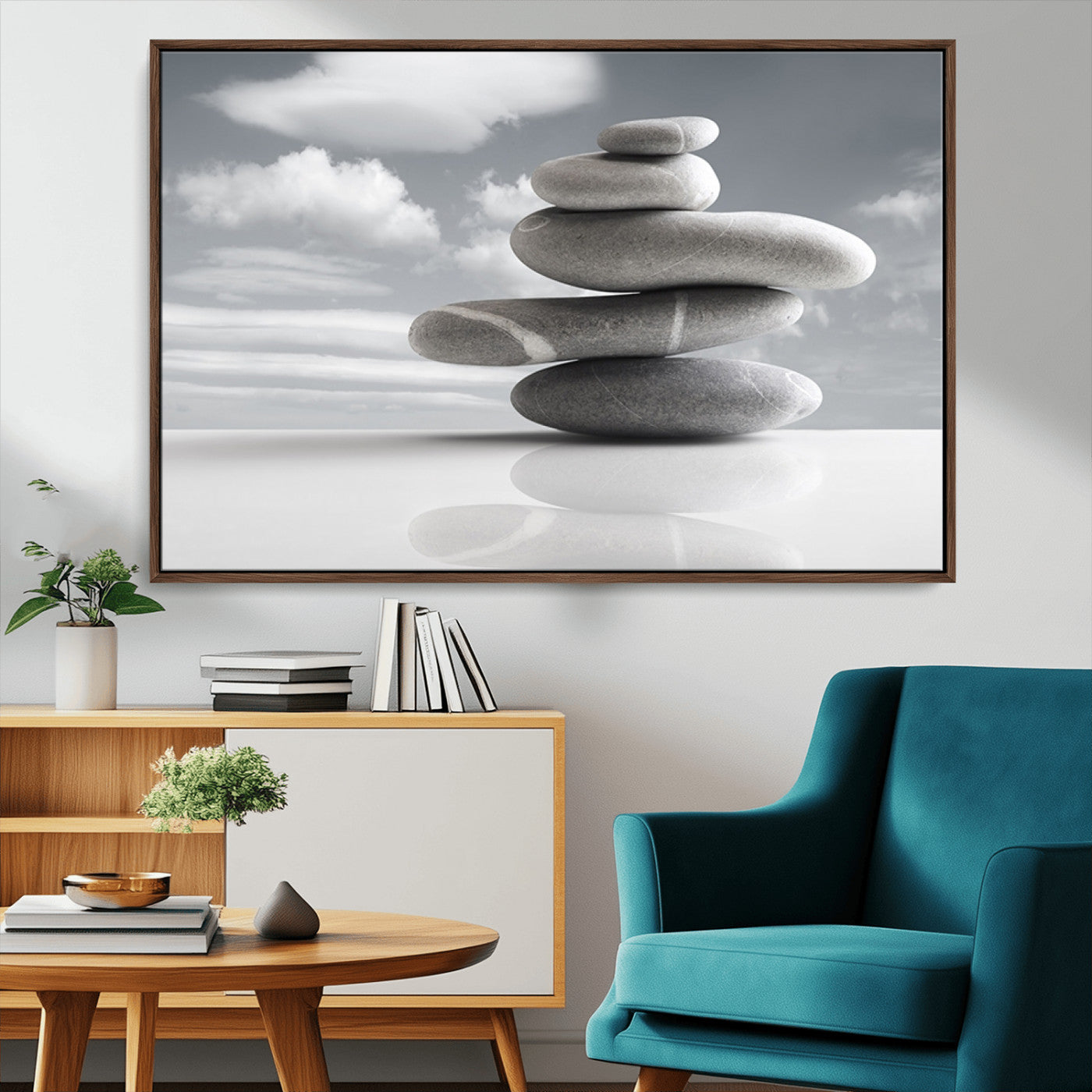 MGV-FC-36X24 - Still Life Black and White Zen Stones Wall Art Canvas, Framed Black and White Zen Stones Canvas